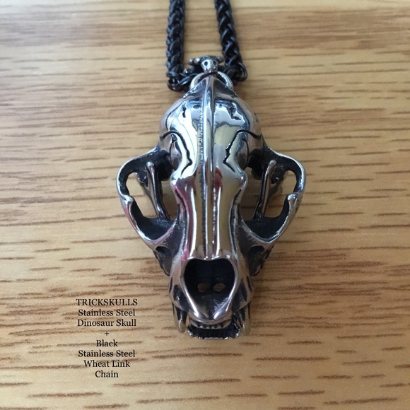 Sabre-Toothed Tiger Smilodon Big Cat Dinosaur Skull Stainless Pendant & Chain - Picture 15 of 15